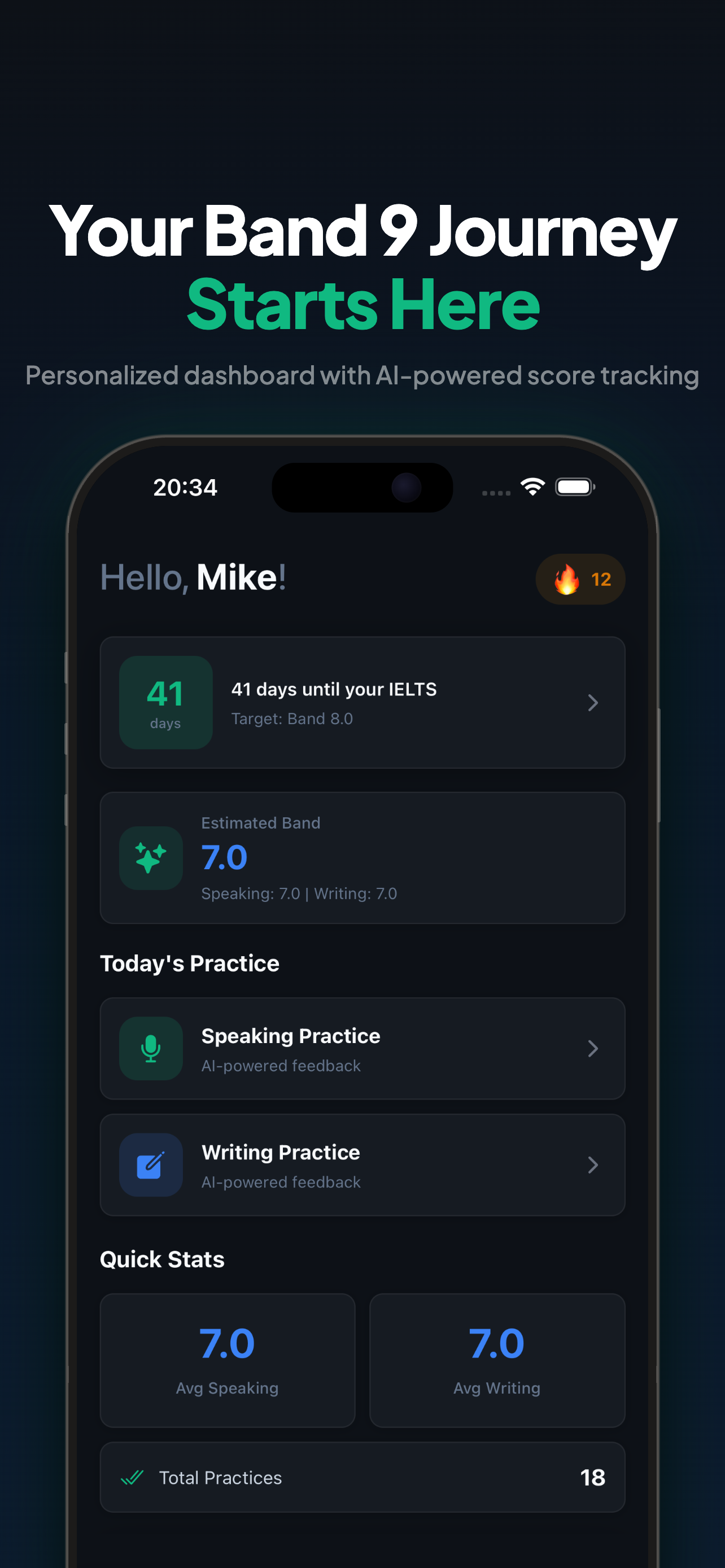 SAT 1600 app home screen, personalized dashboard with AI-powered score tracking